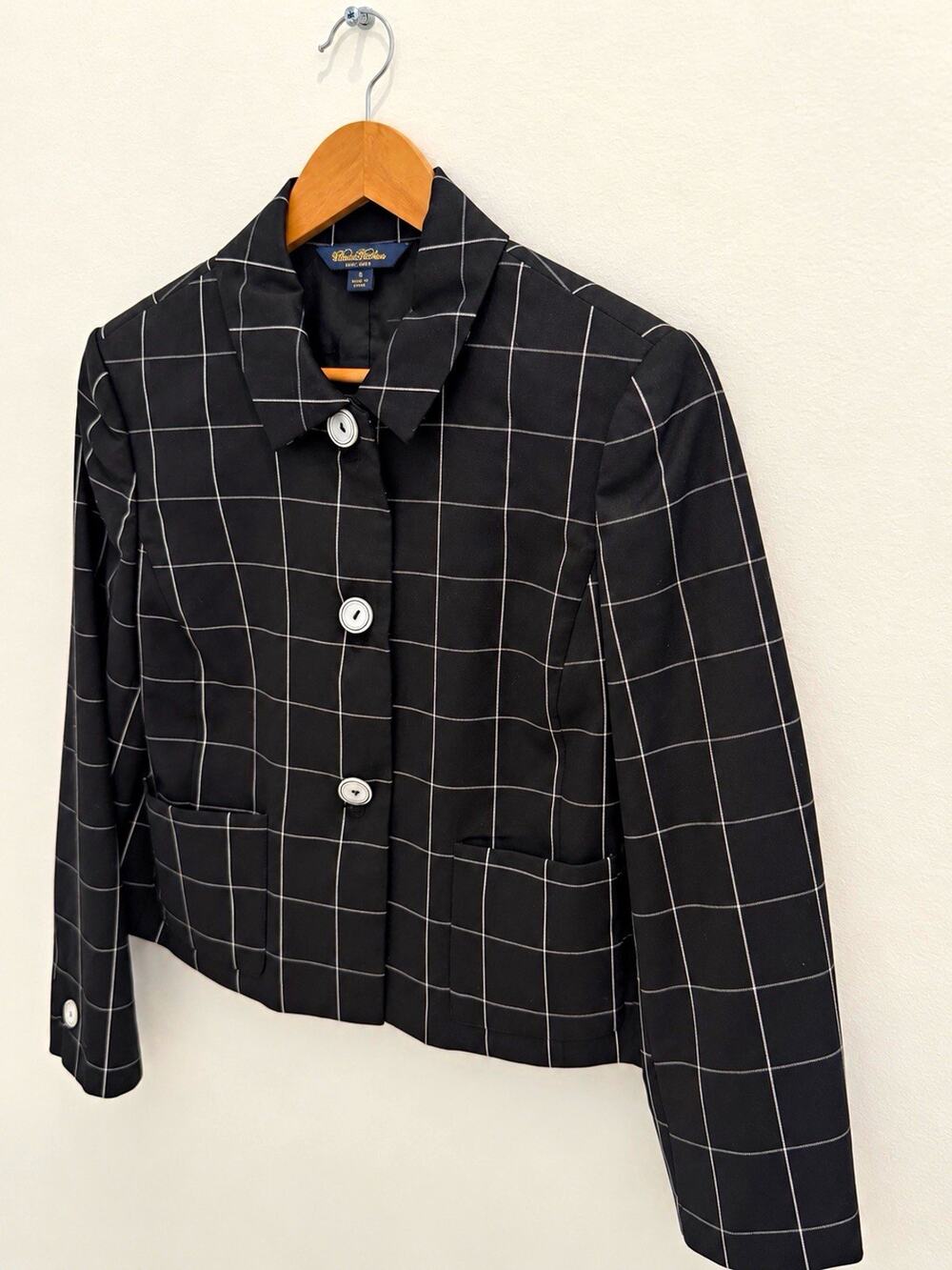 Brooks Brothers Women’s Cropped Black/White Windowpane 100% Wool Blazer Size 6